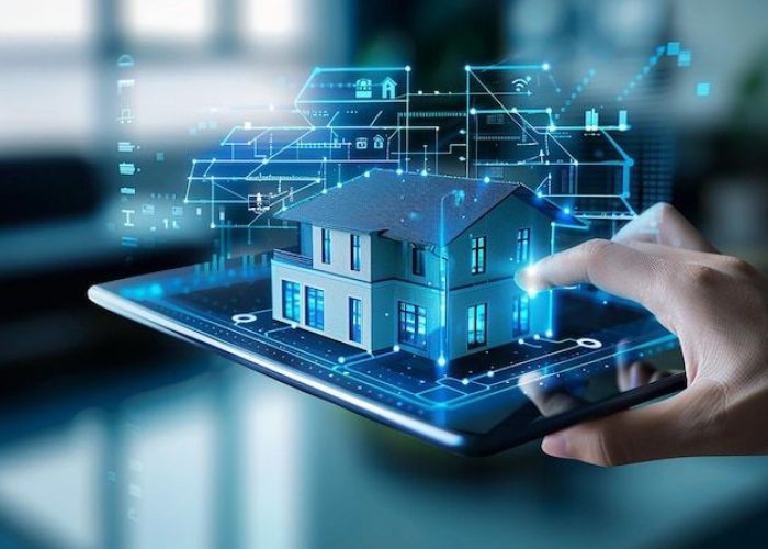 Virtual tablet screen showing online real estate investment hologram of house search and tax details _ Premium AI-generated image